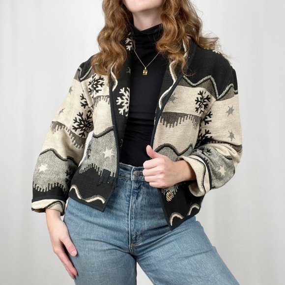 Stunning Vintage Oversized Snowflake Blazer Jacket Coat Boho Western Christmas - Picture 5 of 6